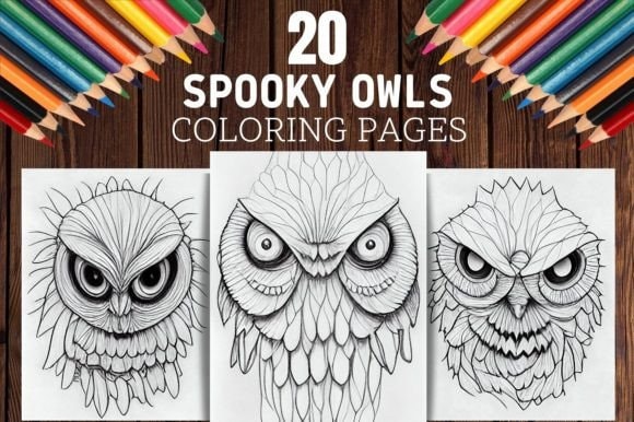 Spooky Owls Coloring Pages, Grayscale Graphics, 10 pages