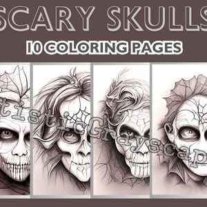 10 Scary Skulls Pages - Trick Or Treat Coloring Page Book - Adults + Kids - Instant Download - Grayscale Coloring Page - Printable PDF