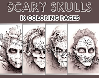 May include: A collection of ten coloring pages featuring detailed illustrations of scary skulls. The artwork is in grayscale, with each skull displaying unique features like spiderwebs and cracked skin. The title "SCARY SKULLS" is displayed at the top.