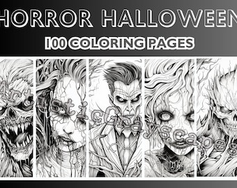 100 Horror Halloween Coloring Pages -  Coloring Page Book - Adults + Kids - Instant Download - Grayscale Coloring Page - Printable PDF