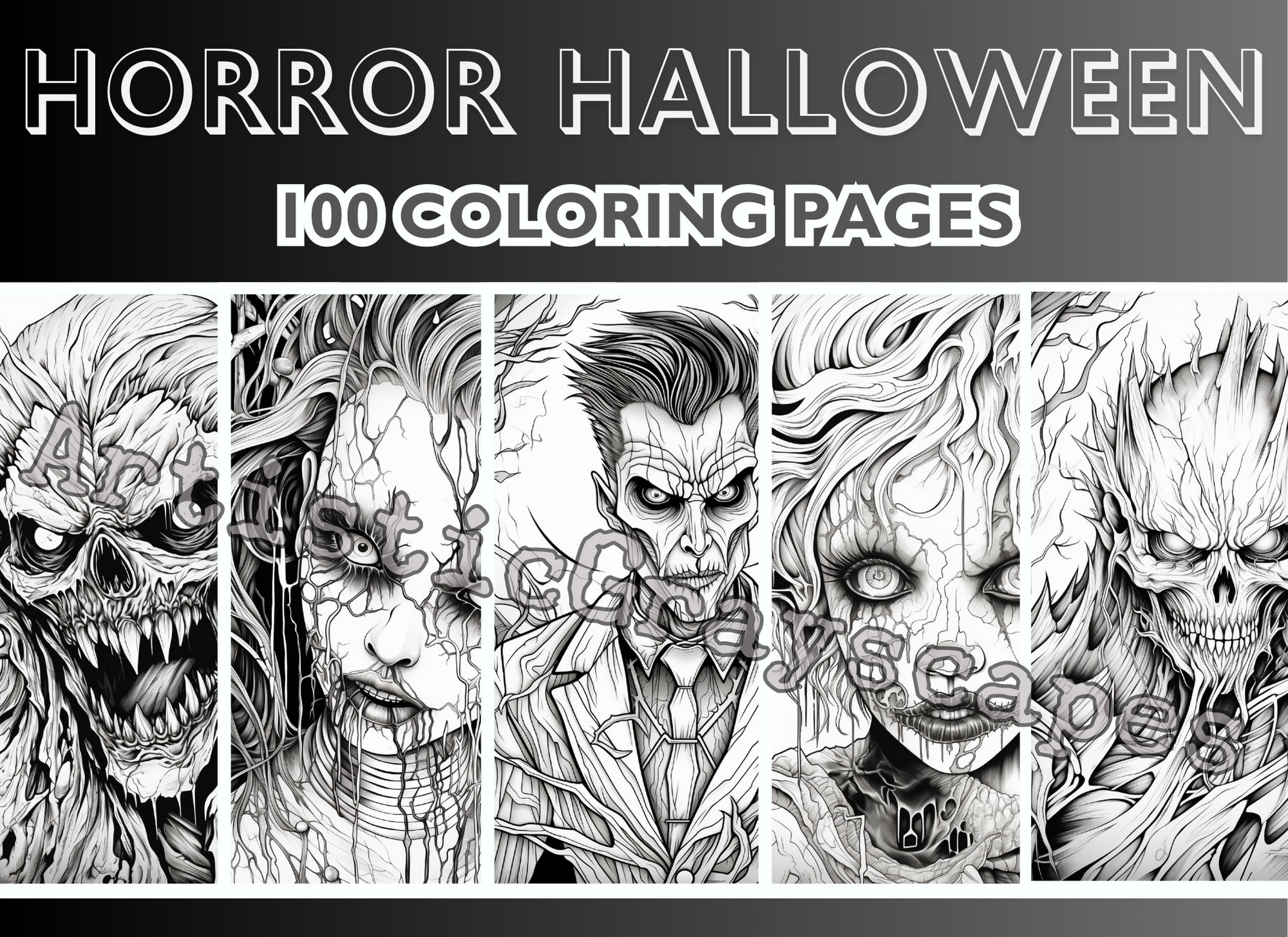 100 Horror Halloween Coloring Pages - Coloring Page Book - Adults