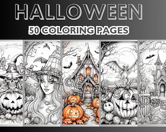 50 Spooky Halloween Coloring Pages - Coloring Page Book - Adults + Kids - Instant Download - Grayscale Coloring Page - Printable PDF