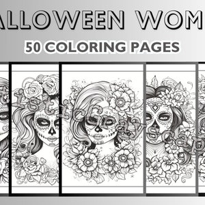 50 Sugar Skull Girls Coloring Pages - Coloring Page Book - Adults + Kids - Instant Download - Grayscale Coloring Page - Printable PDF