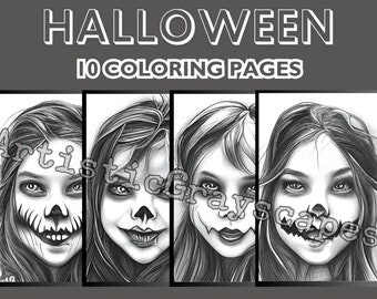 May include: Four black and white coloring pages featuring close-up portraits of people with Halloween makeup. The text "HALLOWEEN 10 COLORING PAGES" is at the top of the image.