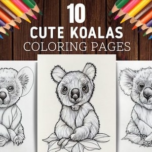 Cute Koala Coloring Pages, Cute Animal Grayscale Graphics, 10 pages