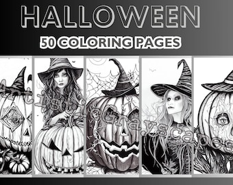 50 Creepy Halloween Coloring Pages - Coloring Page Book - Adults + Kids - Instant Download - Grayscale Coloring Page - Printable PDF