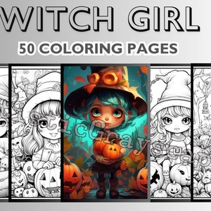 50 Witch Girl Coloring Pages - Coloring Page Book - Adults + Kids - Instant Download - Grayscale Coloring Page - Printable PDF