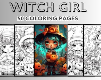 May include: A set of 50 coloring pages featuring a witch girl with a black hat and a pumpkin. The witch girl is surrounded by pumpkins and other Halloween-themed imagery.