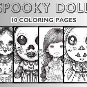 10 Spooky Doll Pages - Trick Or Treat Coloring Page Book - Adults + Kids - Instant Download - Grayscale Coloring Page - Printable PDF