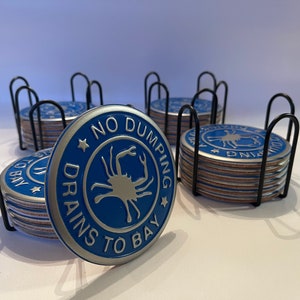 Handmade Stainless Steel & Cork Coasters DRAINS TO BAY Chesapeake Fredericksburg Virginia Maryland Blue Crab