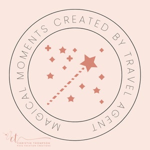 May include: A black and white circular logo with the text "Magical Moments Created By Travel Agent" around the edge. Inside the circle is a pink star with a pink wand with a dotted line extending from the wand to the star. There are several pink stars and diamonds scattered around the star and wand.