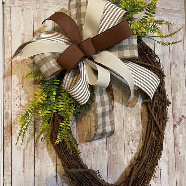 Neutral Grapevine wreath in cream, tan, brown, Oval