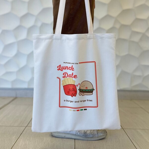 Lunch Date Tote Bag - Aesthetic, Cute, Large Fast Food Shoulder bag with small pocket - High Quality Cotton