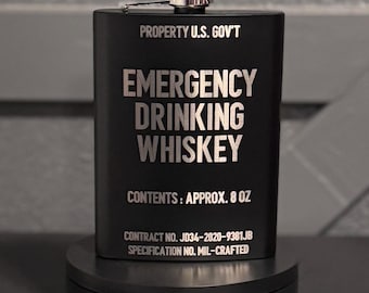 Emergency Drinking Whiskey Flask – Military Style Engraved Flask | 8oz Black Stainless Steel | Funny Gift | Veteran Gift | Groomsmen Flask