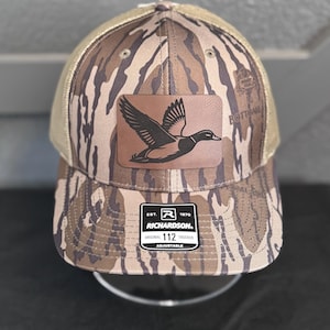 Mallard Duck Patch Trucker Hat – Bottomland Camo | Leather Patch Hat | Waterfowl Hunting Gift | Outdoorsman Hat | Richardson 112 Adjustable