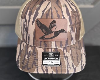 Mallard Duck Patch Trucker Hat – Bottomland Camo | Leather Patch Hat | Waterfowl Hunting Gift | Outdoorsman Hat | Richardson 112 Adjustable