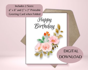 Floral Happy Birthday Card, Instant Download Printable Card