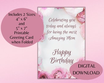 Happy Birthday Mom Rose Card, Instant Download Printable Card