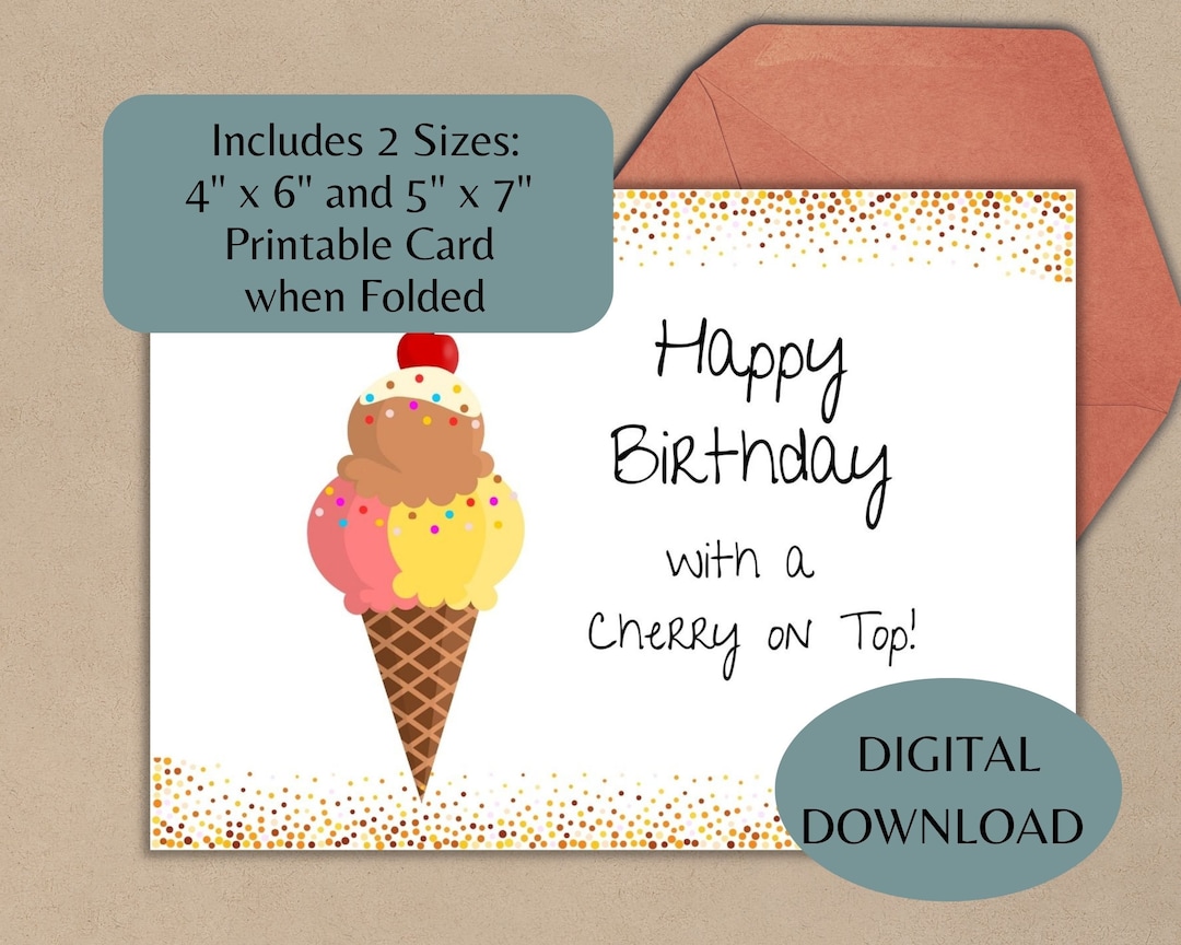 Ice Cream Cone Happy Birthday Card, Digital Download, Instant Download ...