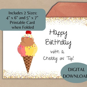 Ice Cream Cone Happy Birthday Card, Digital Download, Instant Download, Printable Card