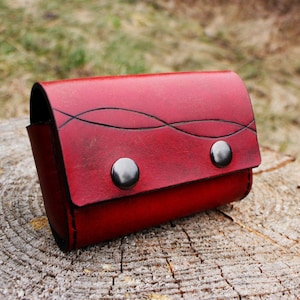 Leather belt Pouch with geometric carving - handmade, tooled pocket - veg tan, vegetable tannned leather