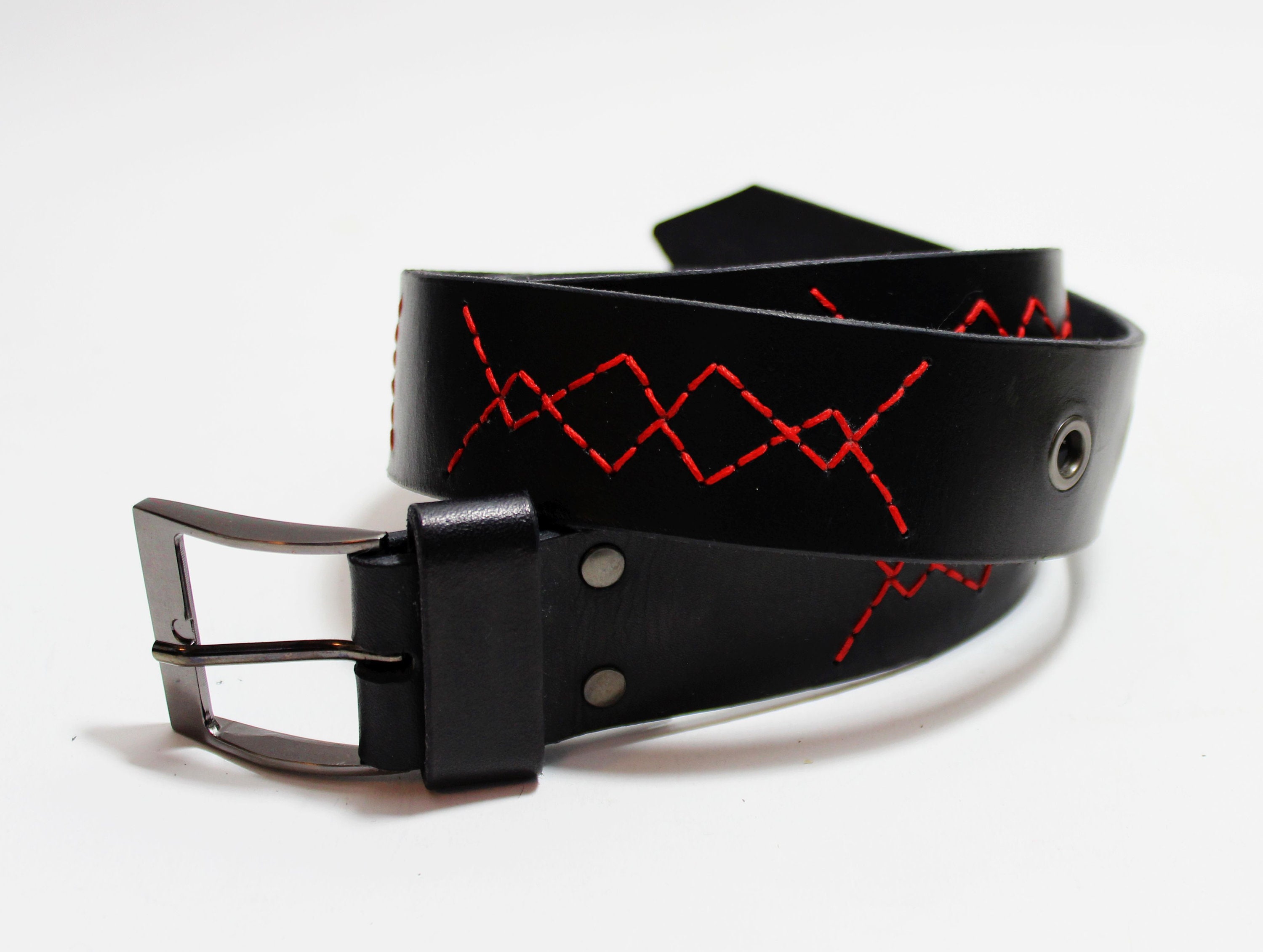 Hand Stitched Black Leather Belt: Red Geometric Design - Etsy