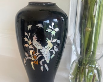 Korean Mother of Pearl Inlay Black Lacquer Vase, Abalone Inlaid Bird