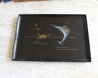 Couroc of Monterey Black Tray with Marlin and Fishing Boat