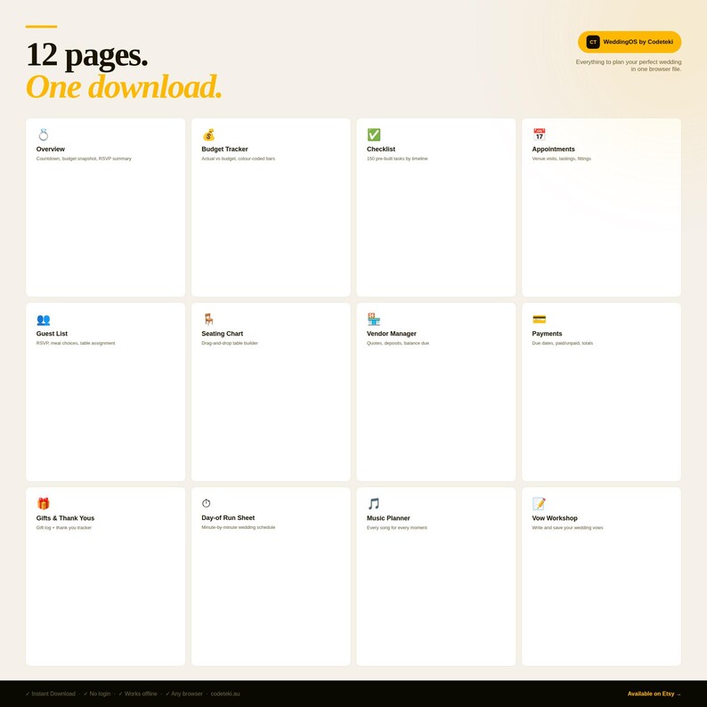 May include: A digital wedding planning dashboard titled 12 pages. One download. featuring twelve white rectangular sections with icons and labels for Overview, Budget Tracker, Checklist, Appointments, Guest List, Seating Chart, Vendor Manager, Payments, Gifts & Thank Yous, Day-of Run Sheet, Music Planner, and Vow Workshop.