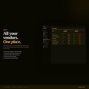 May include: A digital interface for WeddingOS displaying a Vendor Manager dashboard on a dark background. The screen shows a list of vendors with columns for quotes, deposits, and balances, alongside text detailing vendor tracking features.