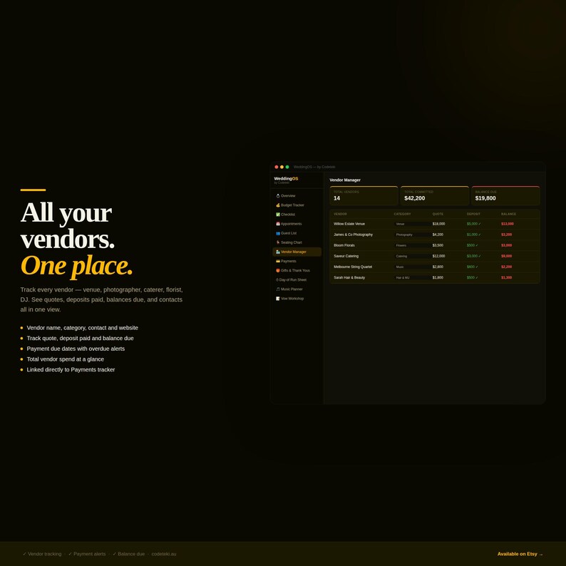 May include: A digital interface for WeddingOS displaying a Vendor Manager dashboard on a dark background. The screen shows a list of vendors with columns for quotes, deposits, and balances, alongside text detailing vendor tracking features.