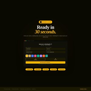 May include: A digital interface for WeddingOS by Codeloki featuring a dark background with yellow text. The screen displays a setup form for names, wedding date, currency, and color selection, with options for dark or light mode and a start button.