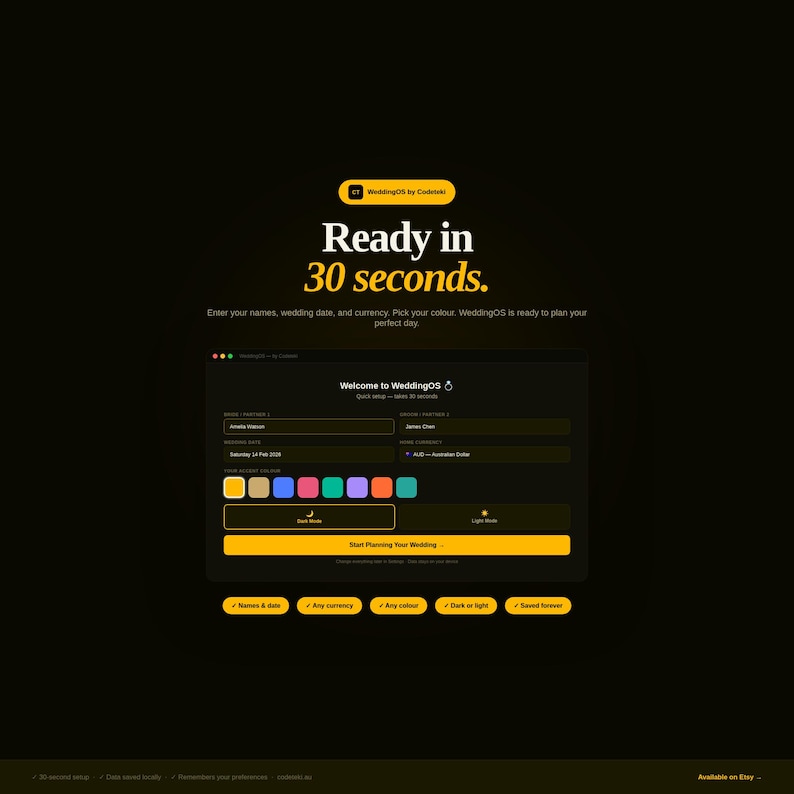 May include: A digital interface for WeddingOS by Codeloki featuring a dark background with yellow text. The screen displays a setup form for names, wedding date, currency, and color selection, with options for dark or light mode and a start button.