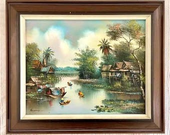 Antique Thai River Scene Oil Painting | Signed, Framed (32.5x27.5 cm)
