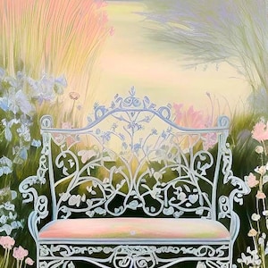 May include: A decorative white metal garden bench with an ornate floral design. The bench has a pink seat and is surrounded by colorful flowers and foliage. The background features a soft, pastel landscape.