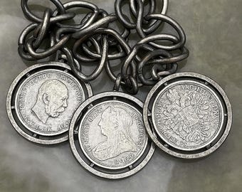 Antique Silver Coin Bracelet – 3 Austro-Hungarian Coins 1780 year (Kings & Queen), 35 g, 19X1 cm, Non-Magnetic Chain, Rare Vintage