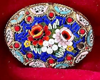 Antique Italian Micro-Mosaic Brooch + Modern Floral Brooch — Two-Piece Set