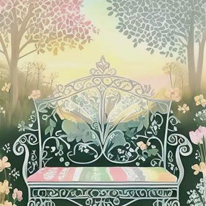 Può includere: Una panchina decorativa in metallo bianco con intricati disegni floreali e un cuscino a righe colorato. La panchina è ambientata in una scena di giardino con alberi rosa e grigi, fiori e uno sfondo morbido e colorato.