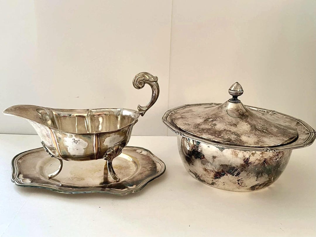 Primans Royal‑style Swedish Silvered Serving Set – Sauce Boat + Lidded Dish ...