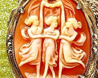 Antique Three Graces Cameo Brooch: 18-19th Century Silver Snail Shell Pendant