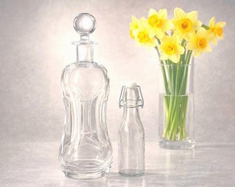 Bottiglia Holmegaard Kluk XL, circa 35 cm – Tappo originale ed etichetta della Corte Reale Danese – Vetro artistico danese di metà secolo