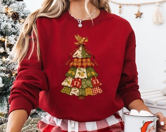 Partridge in a Pear Tree Sweatshirt, 12 Days of Christmas Feaux Patchwork Tree Crewneck, Vintage Holiday Shirt, Classic Carol Gift