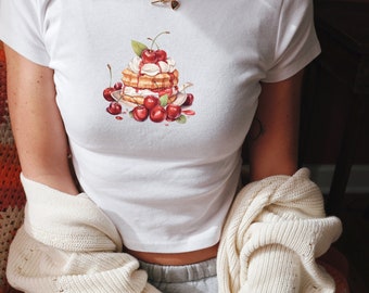 Cherries Cake Y2K Baby Tee Aesthetic Cherries Trendy Women's Tee Coquette Cute Baking Gift Cottage core Coquette Clothing Y2K Crop Top Shirt