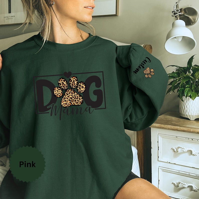 Dog Mom Custom Leopard Print Sweatshirt, Dog Name on Sleeve Hoodie, Dog