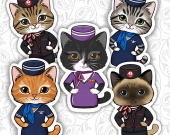 カスタム航空会社乗務員猫ステッカー – パーソナライズされた客室乗務員猫