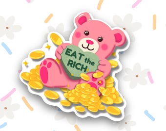 ピンクのクマのステッカー – 「金持ちを食い尽くせ」という政治的メッセージ