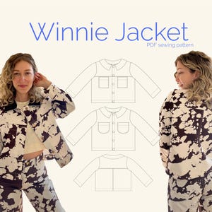 May include: A woman models a jacket and trousers set with a black and white pattern. The text "Winnie Jacket" is displayed above the jacket design. The image also includes a PDF sewing pattern.