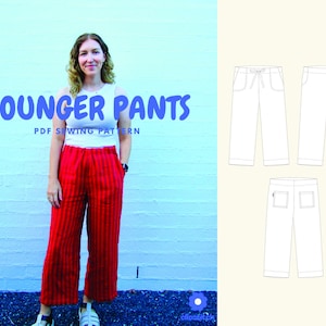 Puede incluir: La imagen muestra a una mujer con pantalones de salón a rayas rojas y blancas. El texto "LOUNGER PANTS PDF SEWING PATTERN" aparece en azul. A la derecha, hay dibujos lineales de los pantalones. Los pantalones parecen de corte holgado.