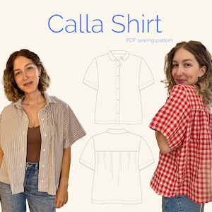 May include: The Calla Shirt PDF sewing pattern features a short-sleeved button-down shirt design. The illustration displays the front view with a collar and button placket, and the back view showing a yoke with gathered fabric details.