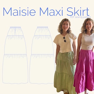 PDF-sömnadsmönster för Maisie Maxi-kjol. Nybörjarvänligt och storlekseffektivt mönster för skiktad kjol.